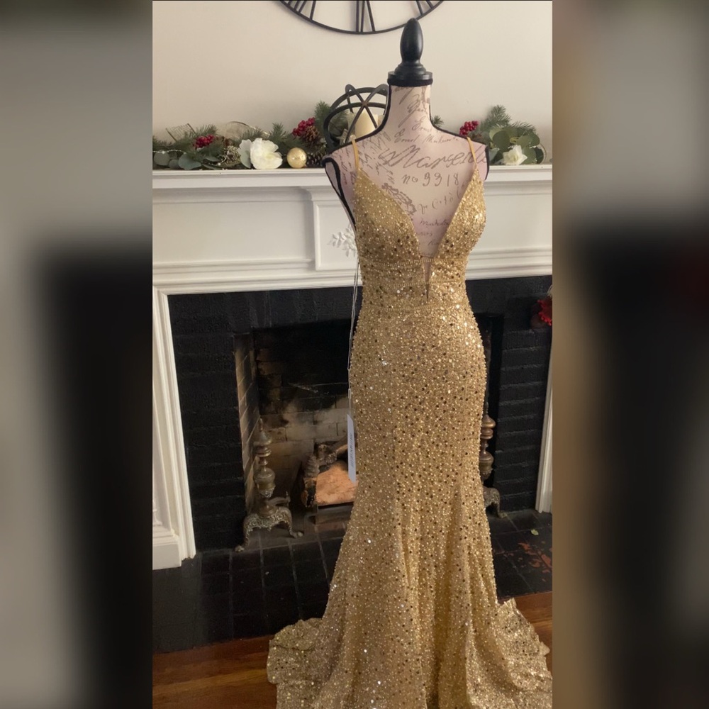 Beaded sparkly designer luxury gold prom dress or pageant evening gown